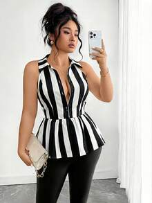 Elenzga Plus Size Women Elegant Solid Color Sleeveless Shirt Collar Ruffle Hem Romantic Date Versatile Design Casual Blouse, Spring/Summer - Black and White - View 3