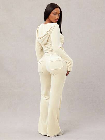 Radiana Sexigt och avslappnat ljusgult klassiskt, åtsittande sammetsset i 2 delar för kvinnor: Hoodie med dragkedja + vida byxor, mjukt och bekvämt för vardagskläder, sportkläder, loungekläder, utflykter