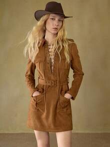 MOTF STUDIO 女士绒面革系带连衣裙，秋冬季 - 駝色 - 查看 3