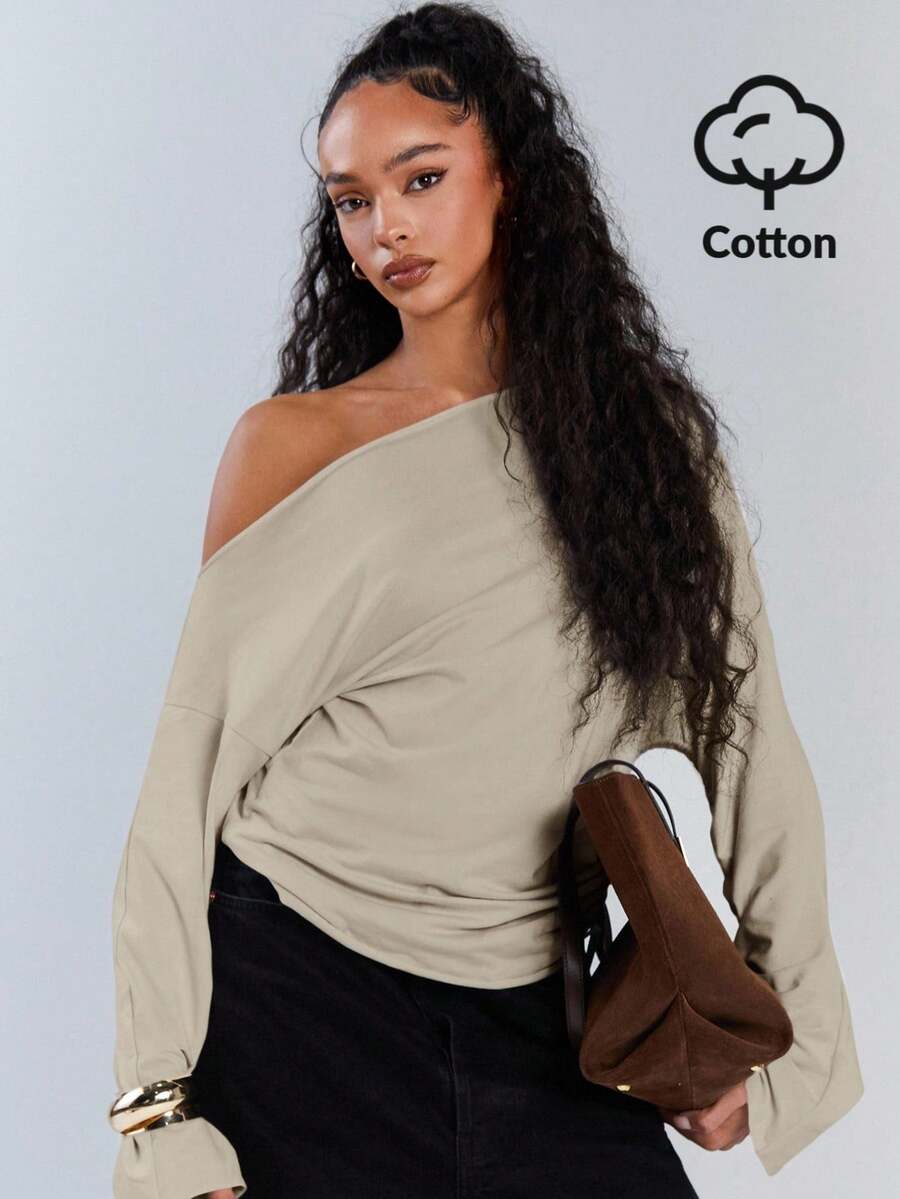 Athîral 女士休闲纯色不对称领抽绳上衣，秋季 - 杏色 - 查看 1