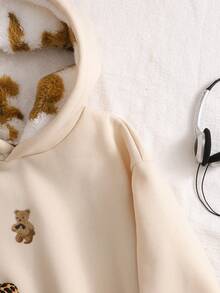 Tween Girl Casual Street Leopard Fluffy Hat, Five-Pointed Star & Leopard Print Pattern, Suitable For Street Style, Hooded Sweatshirt - Apricot - View 7