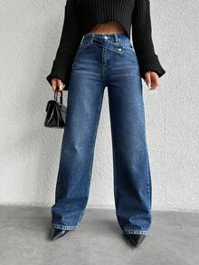 SHEIN PETITE Petite High Waist Asymmetric Belt Wideleg Jean - Dark Wash - View 4