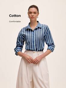 Almamuse Áo sơ mi sọc xanh trắng dành cho nữ, thoải mái khi đi làm và mặc thường ngày, mùa xuân/hè - Màu xanh lam - Xem 4