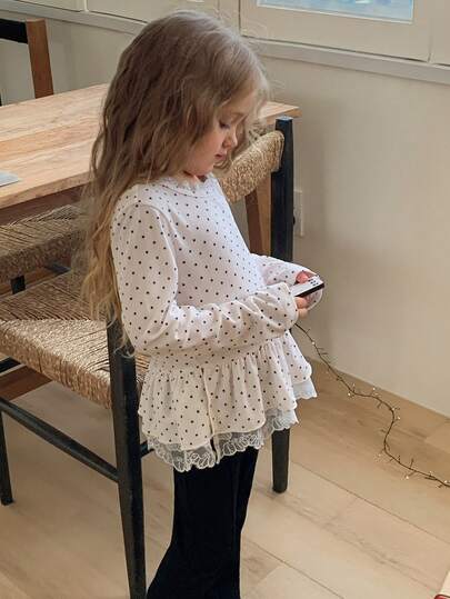 DAZY Young Girl' Round Neck All-Over Polka Dot Tie Long Sleeve T-Shirt, Spring/Autumn