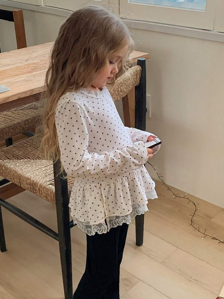 Young Girl' Round Neck All-Over Polka Dot Tie Long Sleeve T-Shirt, Spring/Autumn