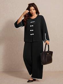 Elaquor Conjunto de 2 piezas de top holgado de manga acampanada y cuello redondo vintage elegante, talla grande talla, y pantalón recto - Blanco y Negro - Ver 6