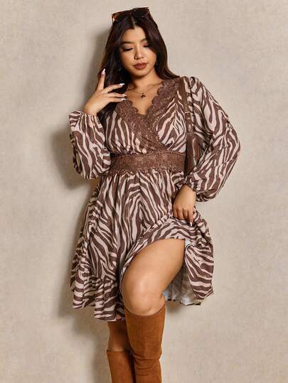 Elaquor 大码复古斑马纹蕾丝拼接连衣裙