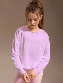 SHEIN Áo thun dài tay cho bé gái tuổi teen, thiết kế thời trang khoét lưng màu trắng. 1 áo thun dệt kim dài tay khoét lưng thoải mái, thoáng khí cho bé gái, phù hợp cho hoạt động trong nhà & ngoài trời, thể thao - Màu tím - Xem 4