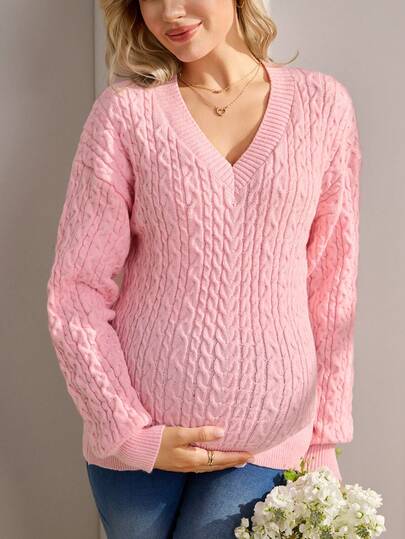 SHEIN 孕妇毛衣，宽松版型，扭绳V领设计，休闲优雅，适合日常穿着和约会，纯色长袖孕妇套头衫