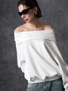 LYSMO 2025新款女士休闲纯色宽松落肩卫衣，秋季超大白色卫衣，女士连帽上衣，灰色卫衣 - 白色 - 查看 5