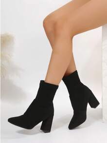 Botines de mujer diseño cómodo punta fina sin cordones tacón grueso estilo moderno otoño invierno oficina casual botines negros - Negro - Ver 4