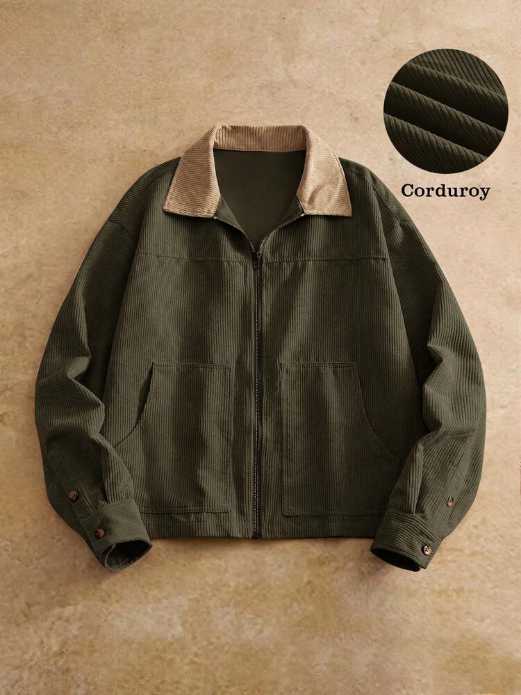 HIMLAND Chaqueta casual de pana con cuello para hombres, adecuada para uso diario - Verde - Añade 7