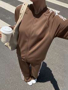 SHEIN EZwear 女士休闲运动套装，侧边条纹，插肩袖，拉链前开连帽衫和长裤，秋冬款 - 棕色 - 查看 3