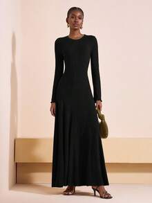 Zivah Women Elegant Black Long Sleeve Dress For Autumn,Brushed Striped Knitted Round Neck Large Swing Back Tie,Versatile Dinner Date Wedding Guest Outfits - Black - View 5