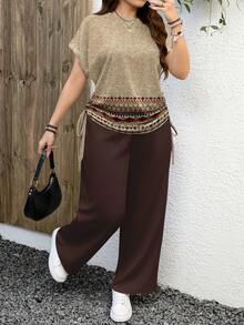 EMERY ROSE Vintage Bohemian Style Printed Casual Pattern Plus Size 2 Pieces Set, Suitable For Spring/Autumn,Summer/Vacation - Multicolor - View 1