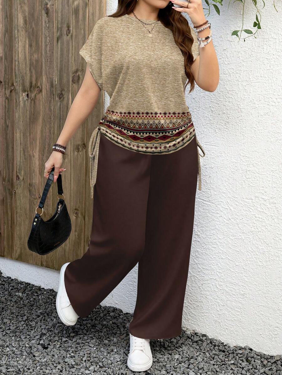 EMERY ROSE Vintage Bohemian Style Printed Casual Pattern Plus Size 2 Pieces Set, Suitable For Spring/Autumn,Summer/Vacation - Multicolor - View 1