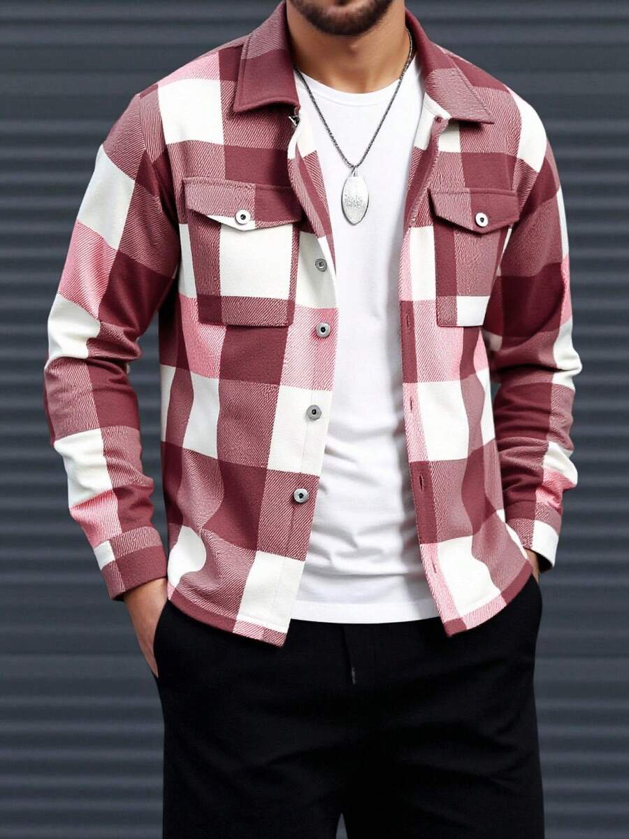 Manfinity Homme 男士休閒酒紅色格紋鈕扣翻蓋口袋夾克,秋季日常穿著長袖襯衫,街頭時尚度假風 - 粉色 - 查看 1