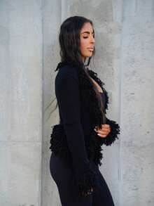 SAYEHFBABY Vintage Shaggy Trim Knit Cardigan Spring Y2K 90's Casual Cute Easter Summer Holiday Summer Festival Fall Autumn Winter Everyday Office Christmas Halloween - Black - View 4