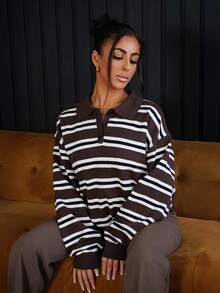 SAYEHFBABY Women's Autumn Retro Striped Turtleneck Sweater - Coffee Brown - View 4