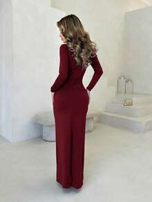 Jemour New Slim Fit Thermal Stand Collar Long Sleeve Cinched Waist Extra Long Versatile Dress, Autumn/Winter - Burgundy - View 2