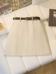 INAWLY 大码女式金属扣腰A字迷你裙，休闲性感，通勤风格 - 杏色 - 查看 1