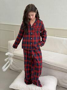 DAZY Tween Girl Plaid Lapel NeckSingle-Breasted Top And Pants Pajama Set