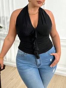 Truni Fall Clothes For Women,WinterWomen's Plus Size Ruffled Ruffle Halter Top - Black - Black - View 3