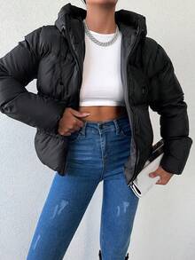 Women's Fashionable Versatile Solid Color Hooded Jacket, Winter - Black - View 6