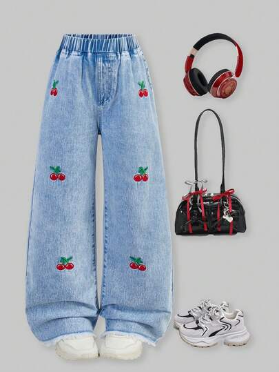 SHEIN ChillGRL Tween Girls Vintage Sweet Colorful Embroidery Casual Wide-Leg Loose Comfortable Washed Light Blue Denim Pants, Academic Style, Daily Wear, School, Campus, College Summer Holiday