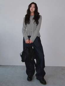 DAZY Women's Loose Fit Ruffle Hem Striped Long Sleeve T-Shirt