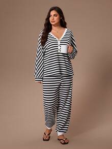 Lazeform 大码女式提花条纹休闲半扣长袖上衣和裤子睡衣套装，冬季服装 - 黑色 - 查看 6