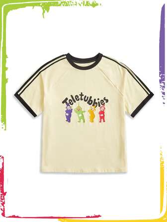 Teletubbies X ROMWE Camiseta suelta de manga corta con gráfico de letra de dibujos animados divertida y linda, estilo deportivo casual de moda callejera con bloques de color y rayas, para verano