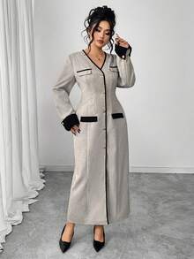 SHEIN Elenzya Plus Size Women's Elegant Luxury Contrast Color Open Front Long Sleeve Metal Button Dress, Autumn - Grey - View 3