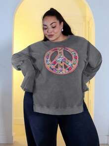 Pretty and Ole Sweat-shirt ample décontracté avec broderie florale, fente ouverte, épaules tombantes, automne, grande taille