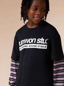 SUMWON Tween Boys Double Layer Long Sleeve Crew Neck T-Shirt With Striped Sleeve Contrast Design Graphic Print Casual Vacation - Multicolor - View 3