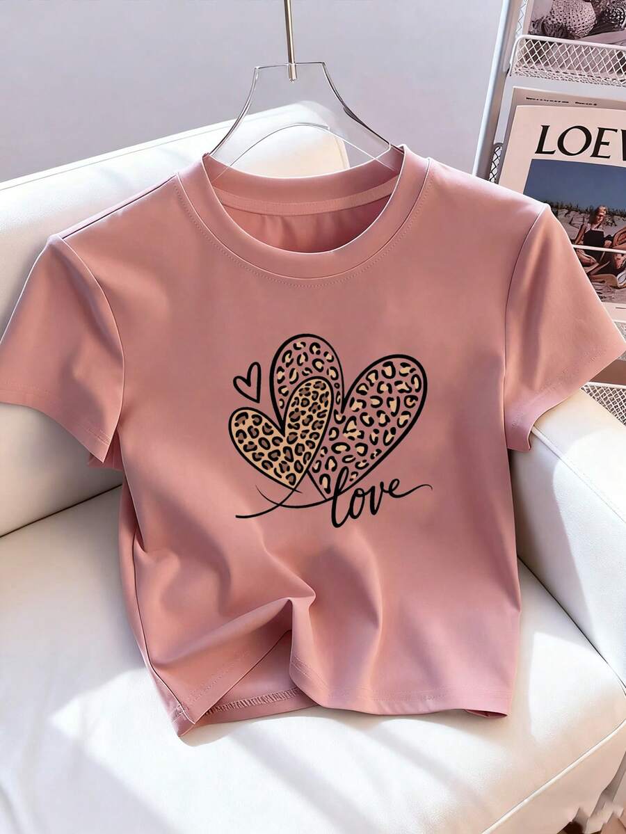Resyla 女士 Y2K 俏皮可爱豹纹爱心短款圆领短袖 T 恤 - 粉色 - 查看 1