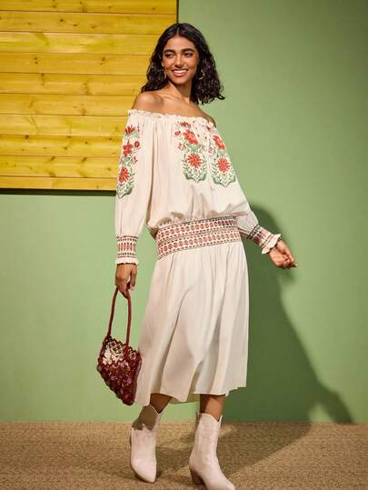 Felipe Marques Floral Print Casual Elegant Dignified Sexy Bohemian Country Style Women's Long Off Shoulder Dress, Suitable For Daily Outings, Travel, Vacation, Dates, Parties, Christmas