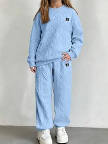 SHEIN 2pcs Girls Casual Slogan Applique Pattern Jacquard Braided Fabric Crew Neck Sweatshirt And Sweatpants Set, Autumn/Winter Fall - Blue - View 3