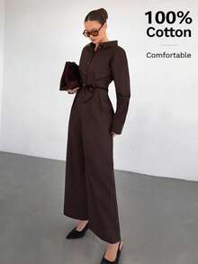 Siren Gaze Tuta intera da donna in colore unito, elegante tuta casual da donna per uso quotidiano, moderna per il pendolarismo, marrone scuro - Caffè Marrone - Visualizzare 3