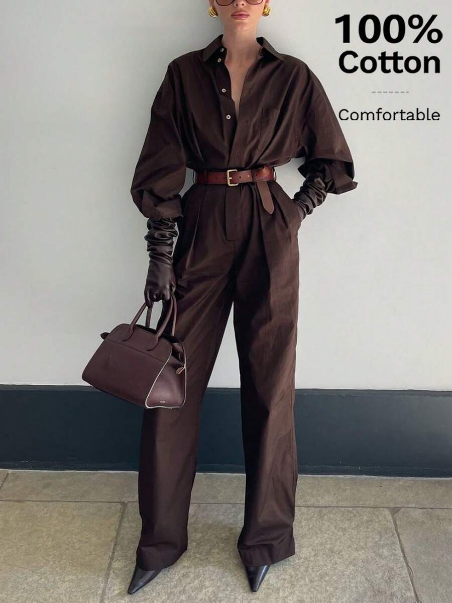 Siren Gaze Tuta intera da donna in colore unito, elegante tuta casual da donna per uso quotidiano, moderna per il pendolarismo, marrone scuro - Caffè Marrone - Visualizzare 1