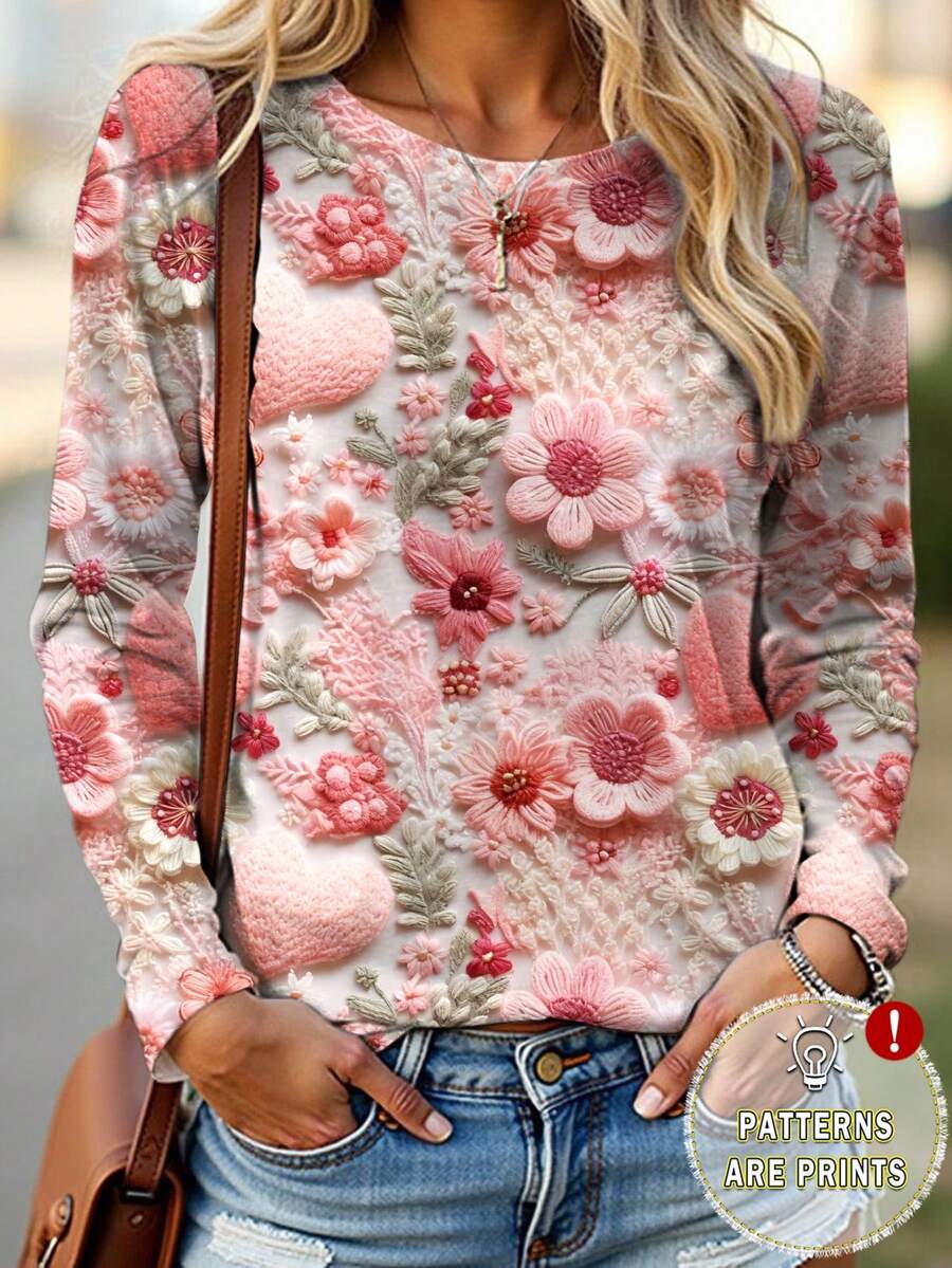 Women's Valentine's Day Rose Floral Print Long Sleeve T-Shirt