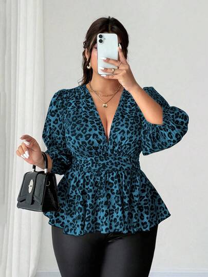 Elenzga Women's Elegant Leopard Print Blue V-Neck Fitted A-Line Three-Quarter Sleeve Plus Size Shirt, Suitable For Everyday Wear, Parties, New Year's, Christmas, Holidays, And Valentine's Day.