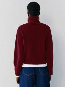 Lumivelle 女士纯色高领落肩长袖休闲毛衣，秋冬款 - 玫瑰紅 - 查看 2