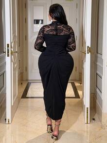 NU&NOW 大码女式蕾丝拼接立领长袖修身开衩派对连衣裙，秋冬款 - 黑色 - 查看 2