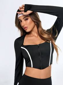Eassivo Eassivo T-shirt de sport ajusté à manches longues et zip avant pour femmes - Noir - Voir 1