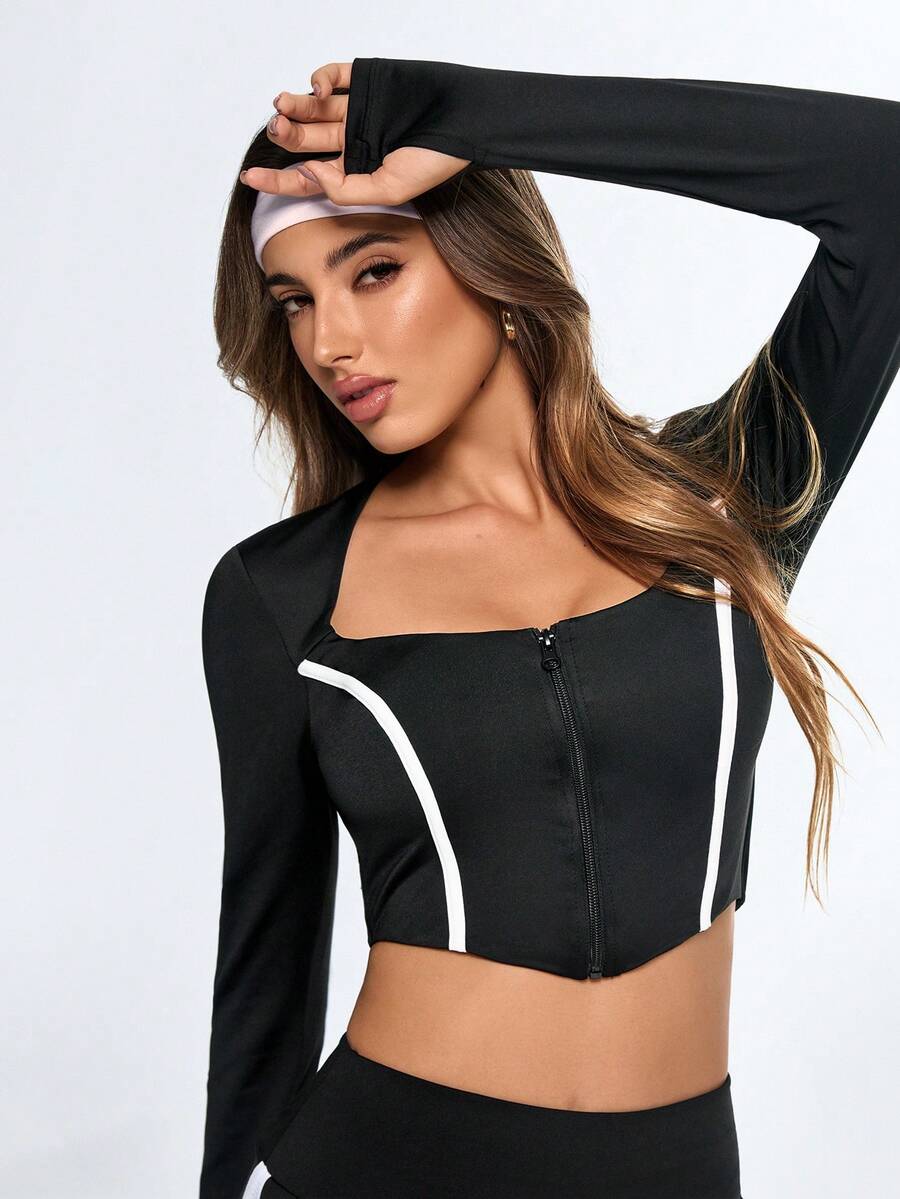 Eassivo Eassivo T-shirt de sport ajusté à manches longues et zip avant pour femmes - Noir - Voir 1