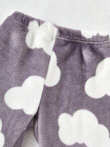 SHEIN Genkimix Kids Áo hồng cho bé gái, Áo dài tay thêu hình đám mây bán chạy nhất kết hợp với quần dài vải nhung in hình đám mây màu xám Bộ đồ ngủ - Hồng - Xem 5