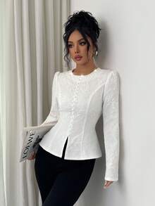 Elenzga Áo cánh trắng thanh lịch, chất liệu vải jacquard thời trang xuân/thu mới của Pháp, độc đáo, sang trọng, cao cấp, trẻ trung, đa năng, thanh lịch, đính ngọc trai, cổ tròn, cài nút phía trước, thiết kế viền xẻ, phù hợp cho phụ nữ từ 20-35 tuổi mặc khi dự tiệc, tốt nghiệp, đi làm - trắng - Xem 6