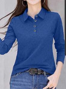 INAWLY Áo thun dài tay trơn màu thường ngày dành cho nữ, đa năng cho mùa thu - Màu xanh lam - Xem 3