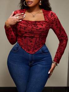 Truni Plus Size Women's Long Sleeve Crew Neck T-Shirt Top, Flocked Floral Pattern Waist Fitted Top, For Pear Triangle Body Shape - Red - View 4